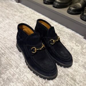 Gucci Black Suede Loafers with Gold Accent